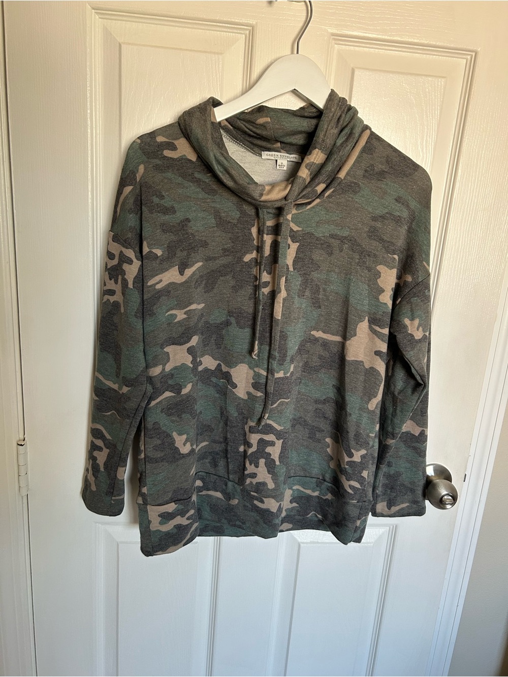 Green Envelope Camo Cowl Neck Pullover - Green, Tan, Gray